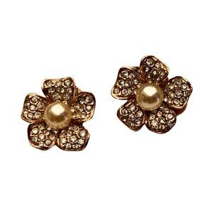Vintage Attwood & Sawyer Flower Rhinestone Pearl Earrings